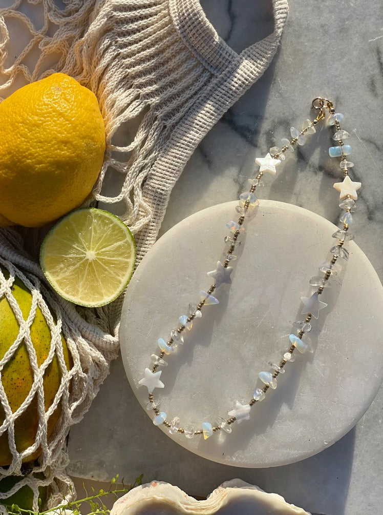 Opalite necklace with gold beads and mother of pearl stars