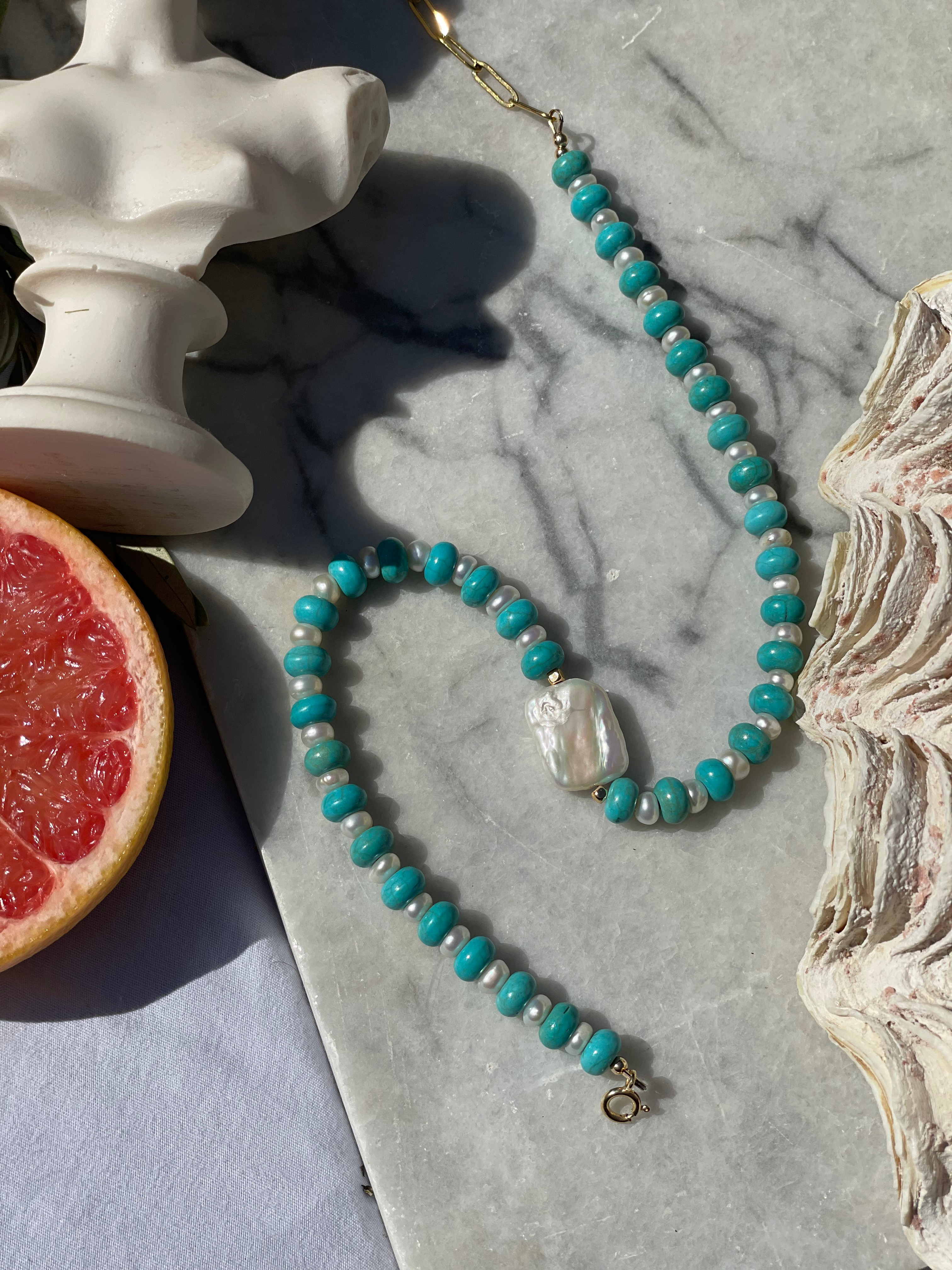 Poseidon Necklace pearl and turquoise rondel vivinou