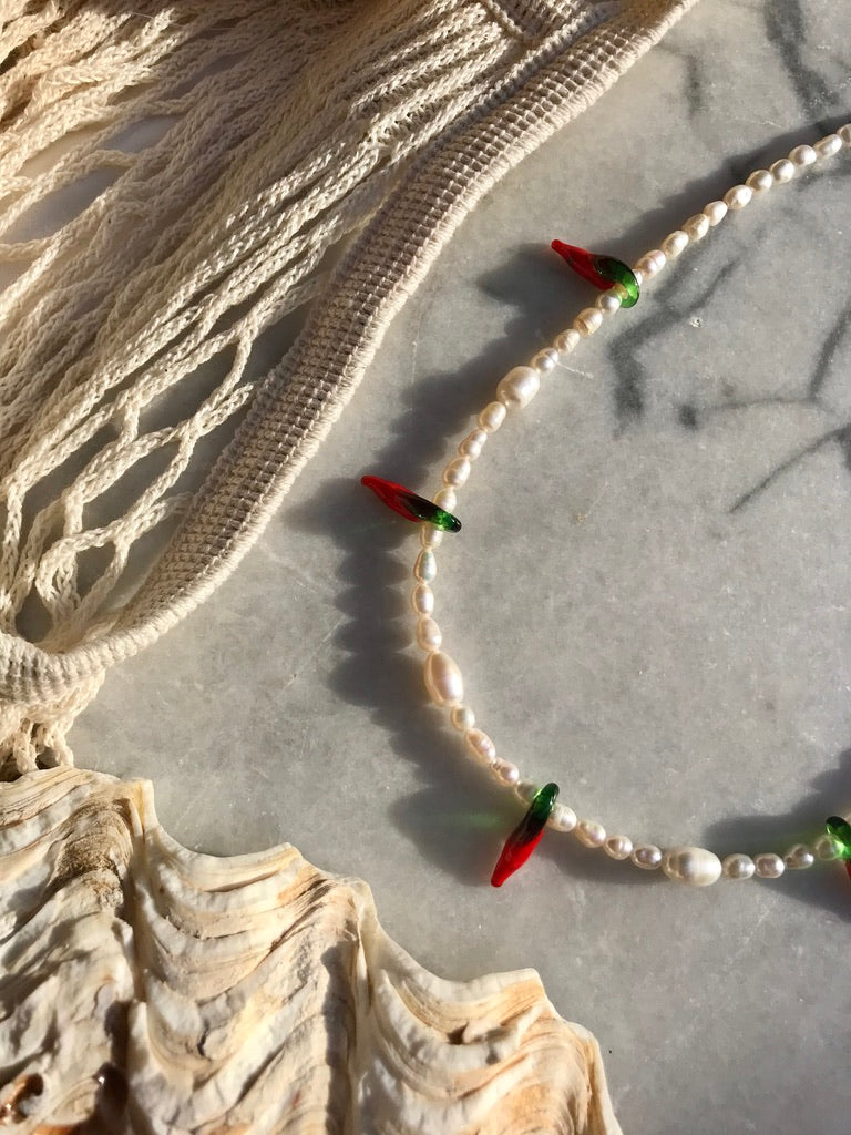 Freshwater Pearl necklace with glass chillis made by Vivinou