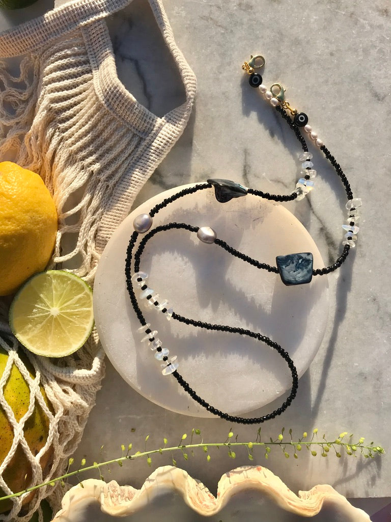 29" Beaded mask chain with freshwater pearls, opalite chips, mother of pearl shell pieces and glass evil eye beads by Vivinou