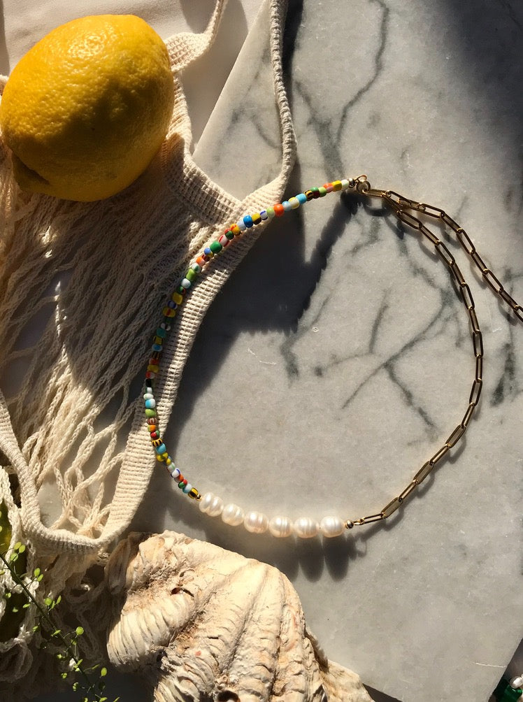 22" Freshwater baroque pearl necklace with colourful African glass bead  You can wear this as a necklace, bracelet or anklet as it has an adjustable length  Gold filled beads and clasp closures